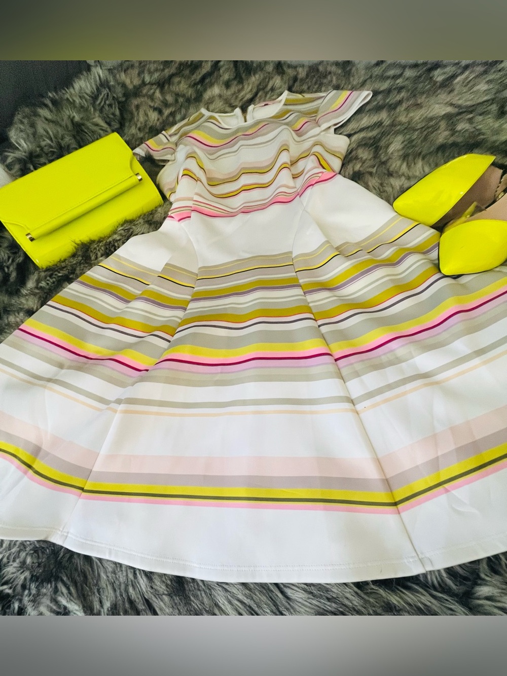 Ted Baker White A-Line Skirt with Pink, Lime & Gray Stripes - Picture 4 of 8